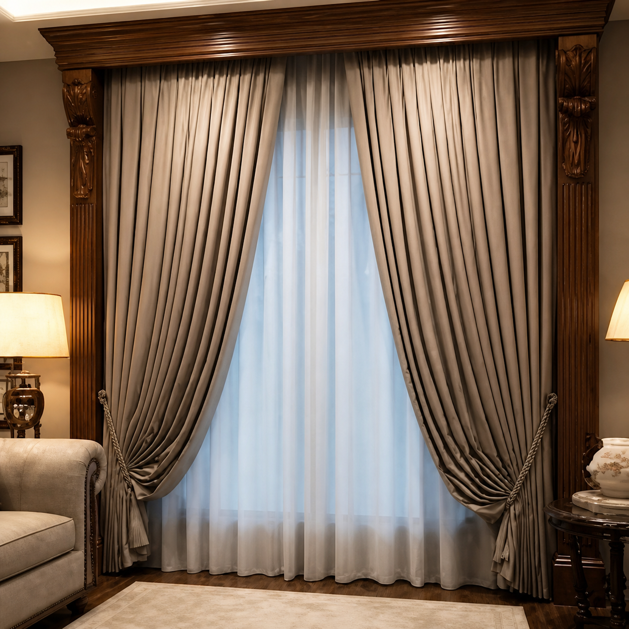 Classic Luxury Window Curtains with Wooden Frame Finish