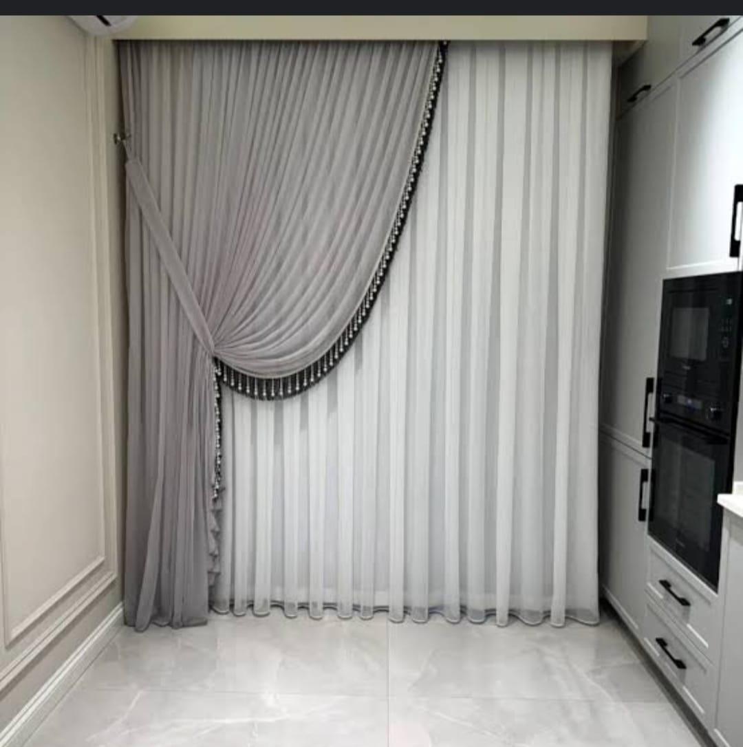 Solid Grey & Sheer Draped Overlay Curtains – Dual-Layer Window Drapes