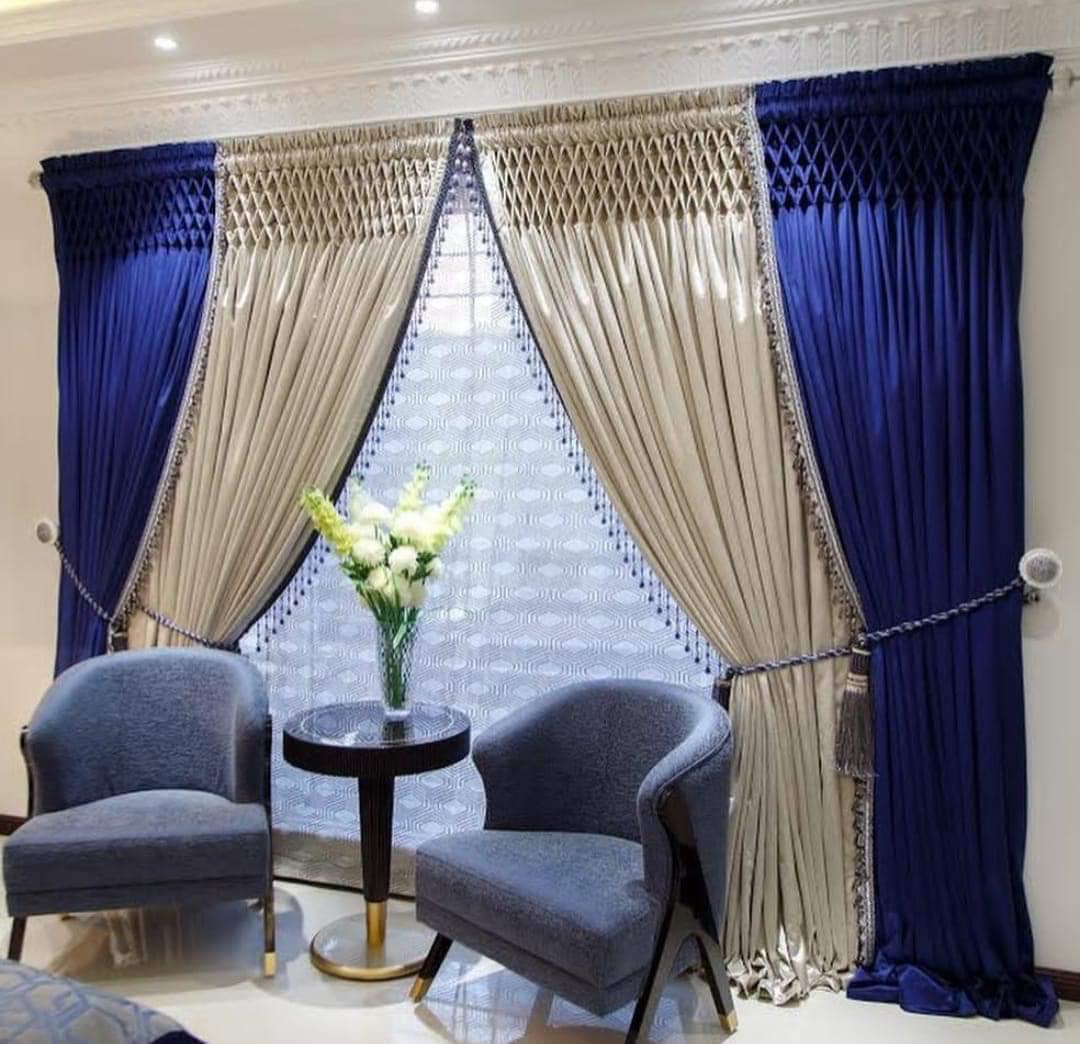 Royal Pleated Luxury Curtains – Dual Tone Blue & Champagne Window Drapes